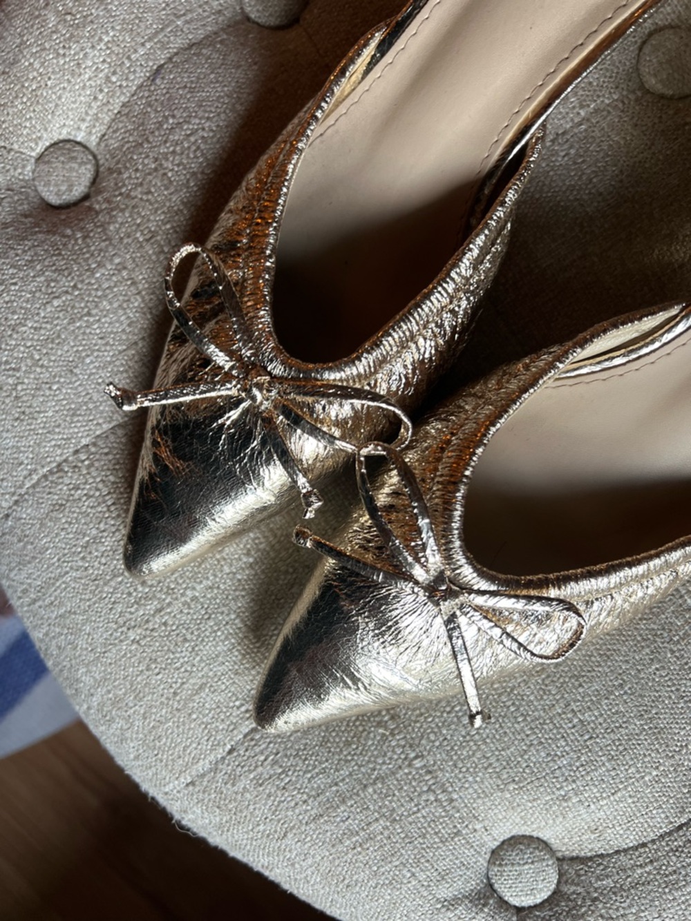 Nicole Miller Gold Kitten Heels | Pointed-Toe Bow Embellishment